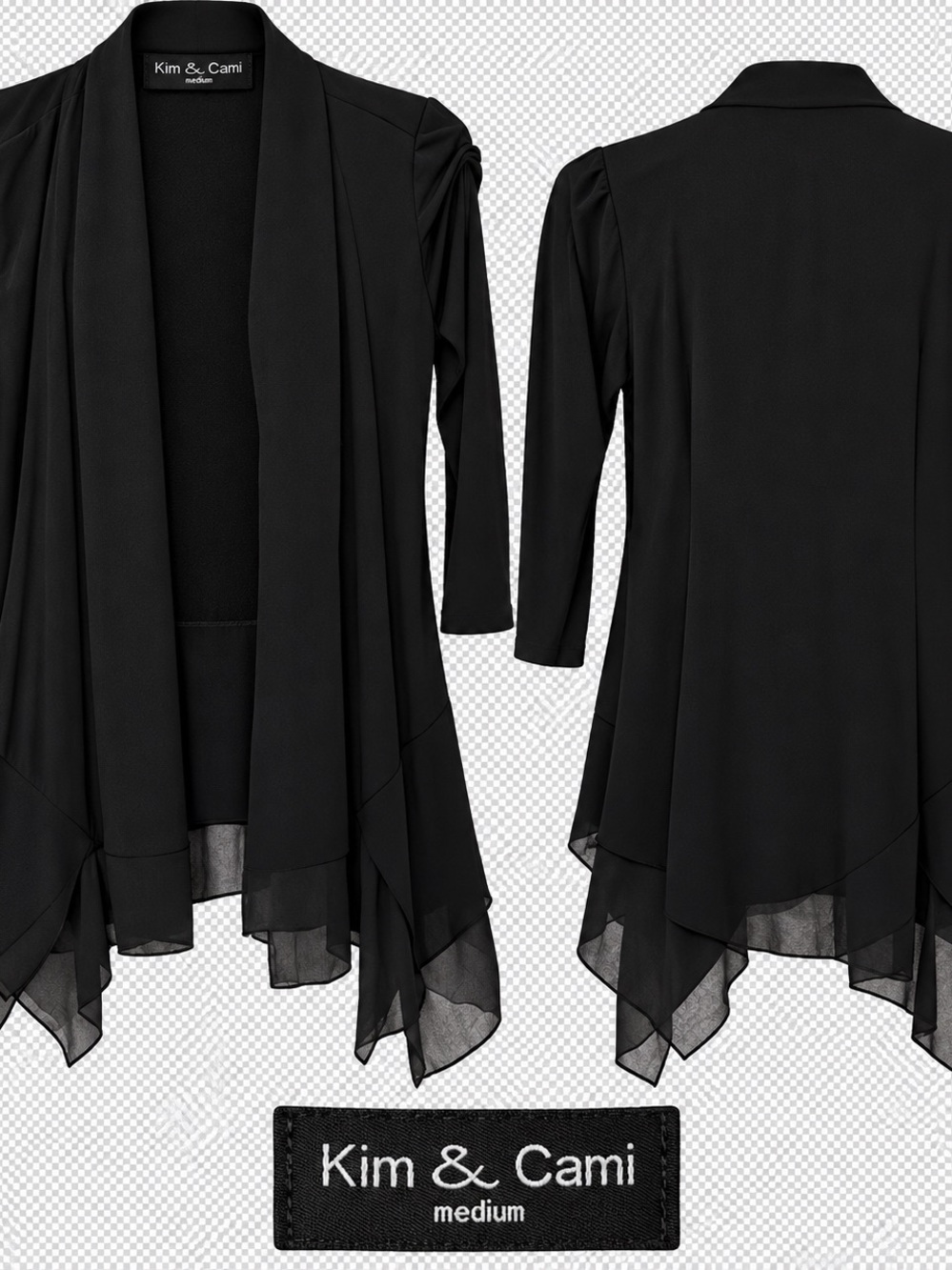 Kim & Cami Black Asymmetrical Draped Open-Front Cardigan